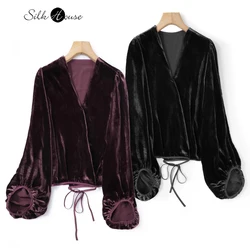 2024 Women's Fashion Autumn New 30% Natural Mulberry Silk Velvet Design Sense Bottom Strap Lantern Sleeve V-neck Loose Top