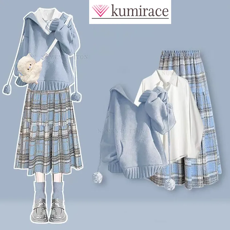 

Western Style Women's Spring and Autumn Red Hooded Knitted Top Casual Shirt+plaid Skirt Three Piece Set