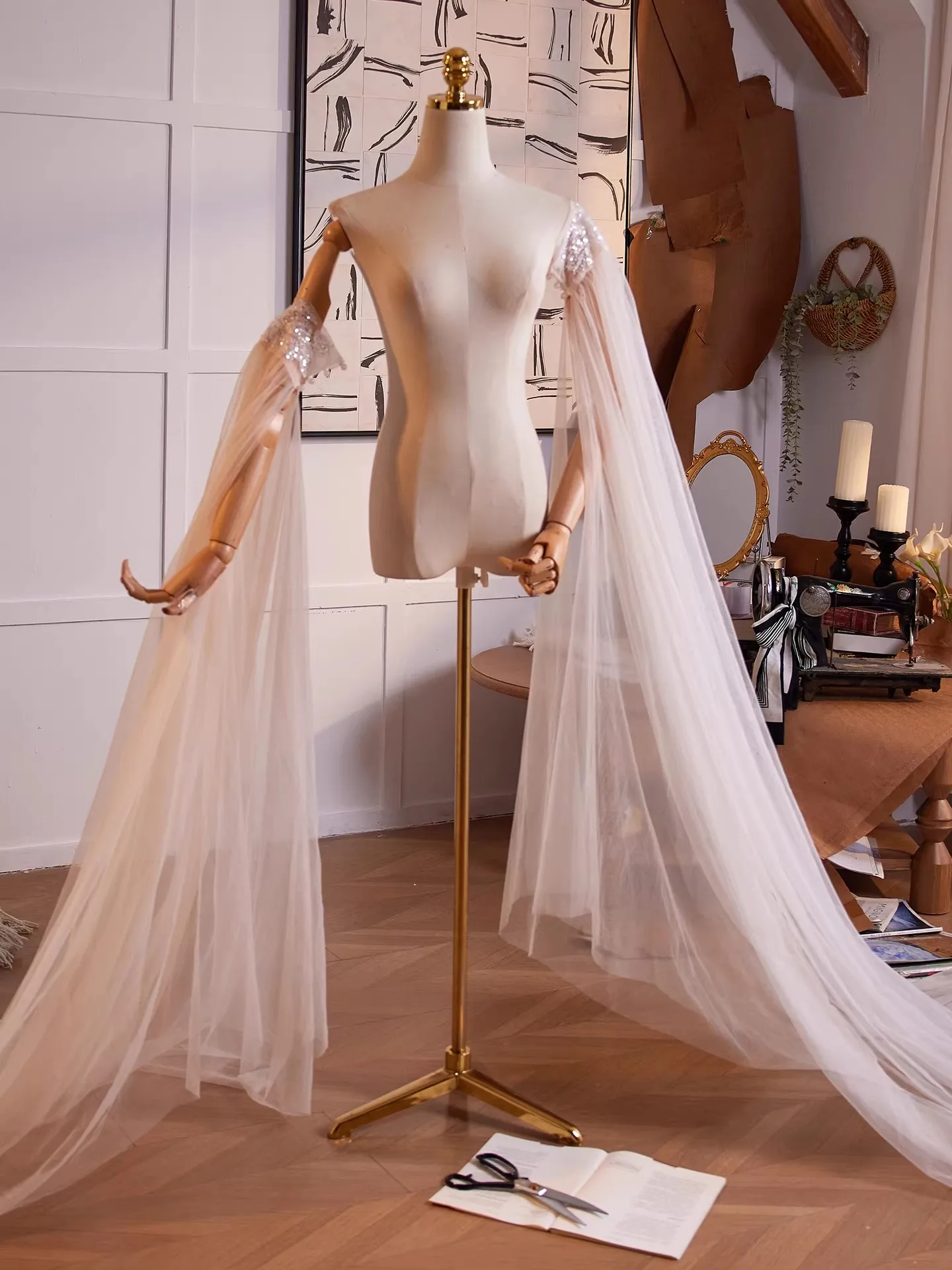 Women's Spring Summer Champagne Double Layer Long  Mesh Pashmina Female Performance Party Show Cosplay Shawl Cloak Collar R2672