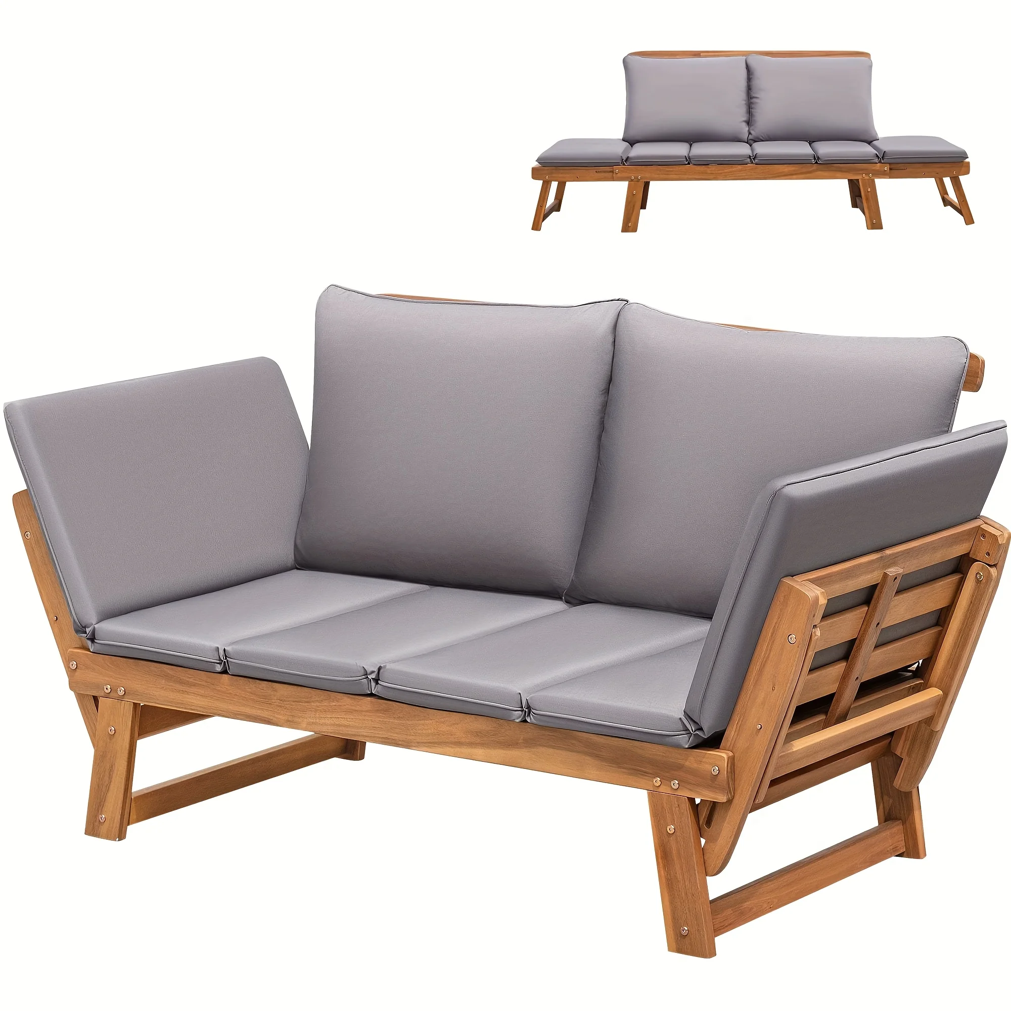 

Outdoor Acacia Wood Sofa Daybed with Adjustable Armrests - All-Weather, Grey Cushioned Comfort, Classic Modern Patio Furniture