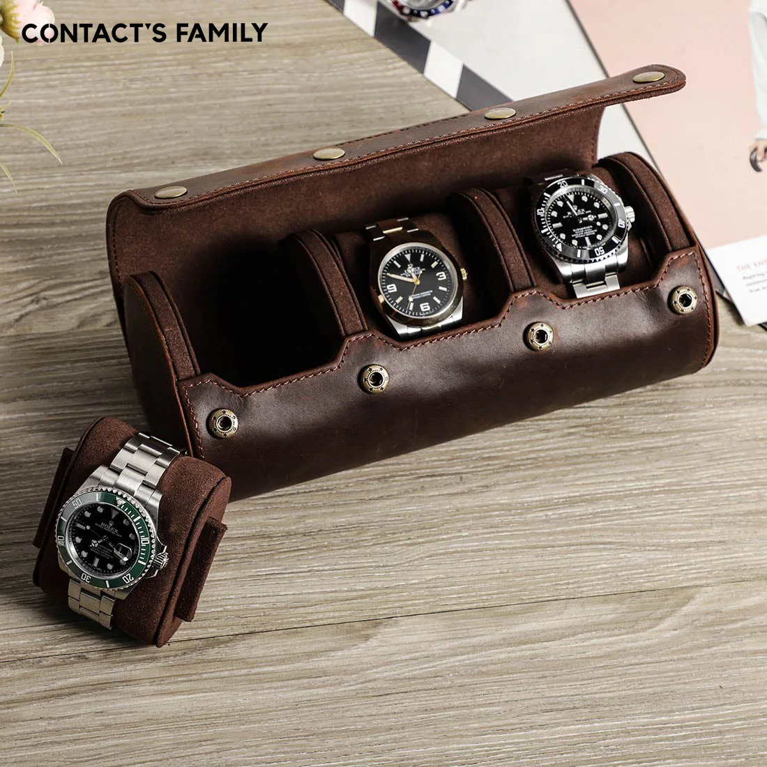 CONTACT\'S FAMILY Vintage Genuine Leather Watch Case Box Men Watches Travel Wristwatch Roll Case Holder High Quality Gift for Men