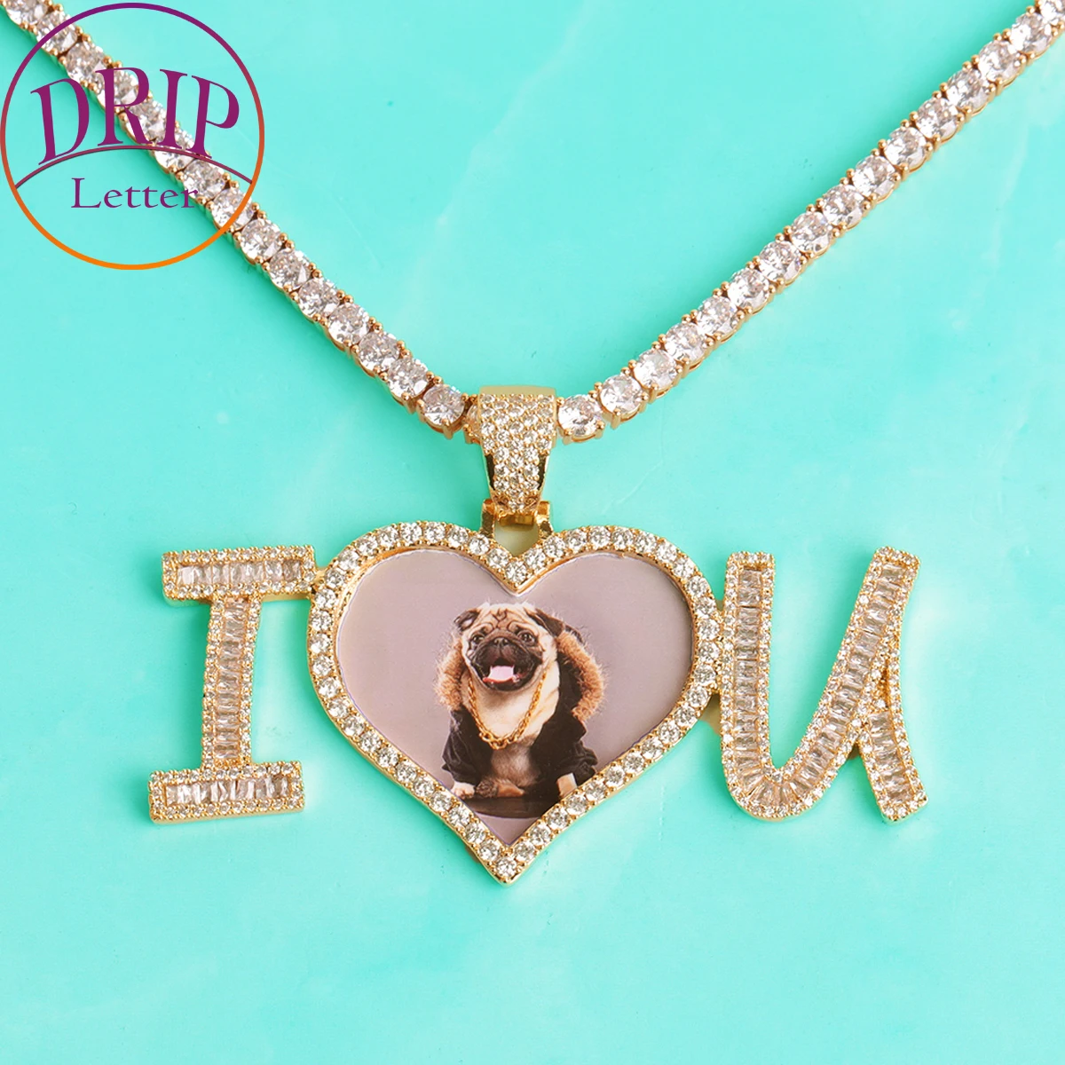 

Drip Letter Custom Photo Necklace for Men Heart Picture Pendant Hip Hop Jewelry Iced Out Charms