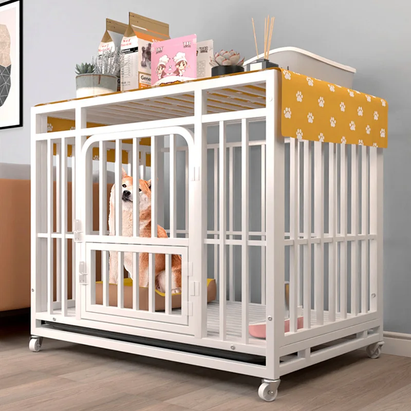 

Modern Elegant Stainless Steel Dog Cage with Wheels Square Tube Strong Solid Iron Pattern Plastic Tray Simple Style