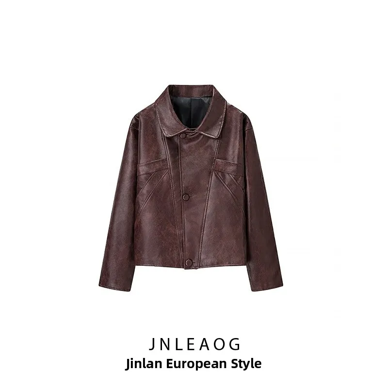 JNLEAOG 여성 패션 디자인 3버튼 가죽 자켓 가을 새로운 스타일 통근 스타일 긴 소매 플립 칼라 코트