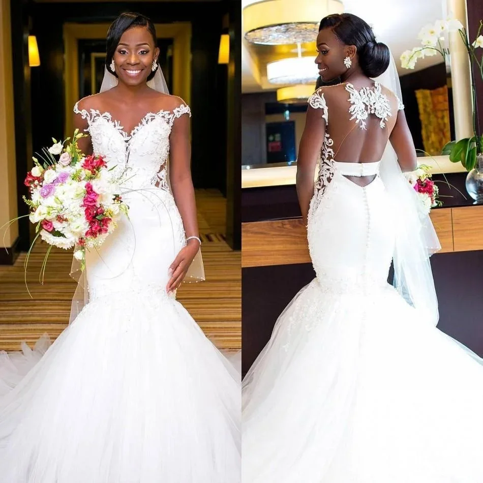 

Customized Popular Cap Sleeves Lace Mermaid Wedding Dresses Sweep Train Backless African Bridal Gowns