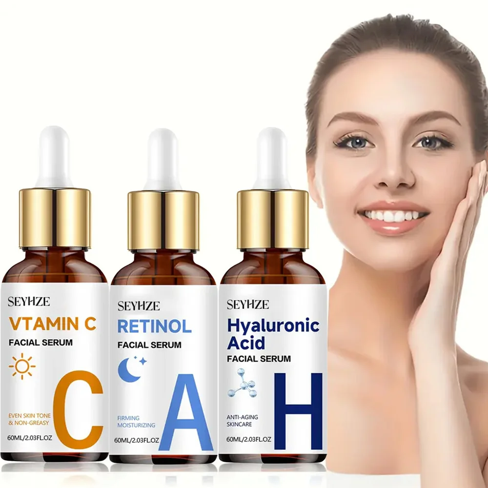 Conjunto de Essência SEYHZE Dia e Noite com Vitamina C + Retinol + Ácido Hialurônico com Colágeno, Aloe Vera e Marshmallow, Hidratação de 48 Horas