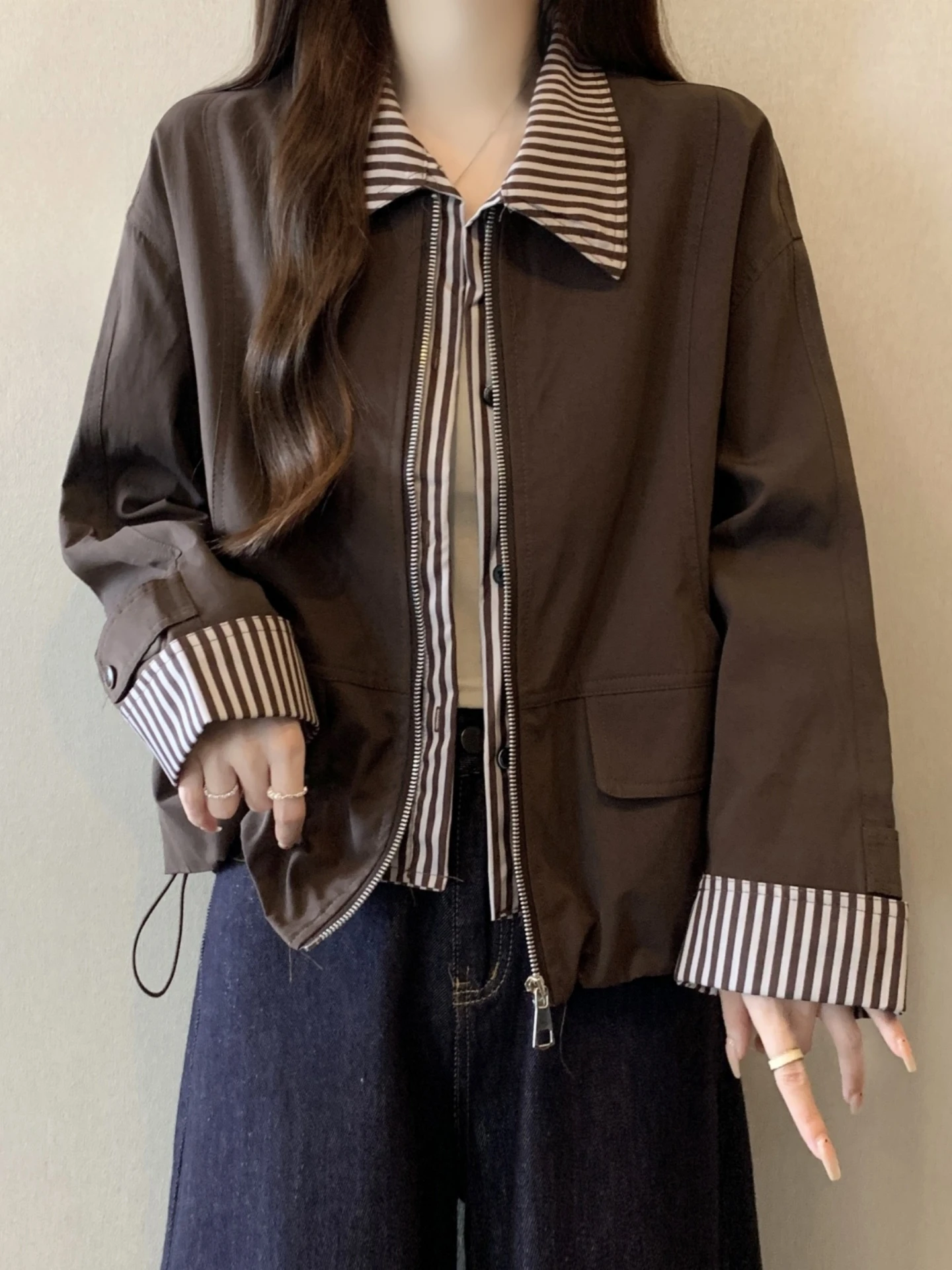 Women's Short Jacket Cardigan Spring Autumn plus Size Padded Striped Splicing Breathable Drawstring Hem Zipper Closure Casual...