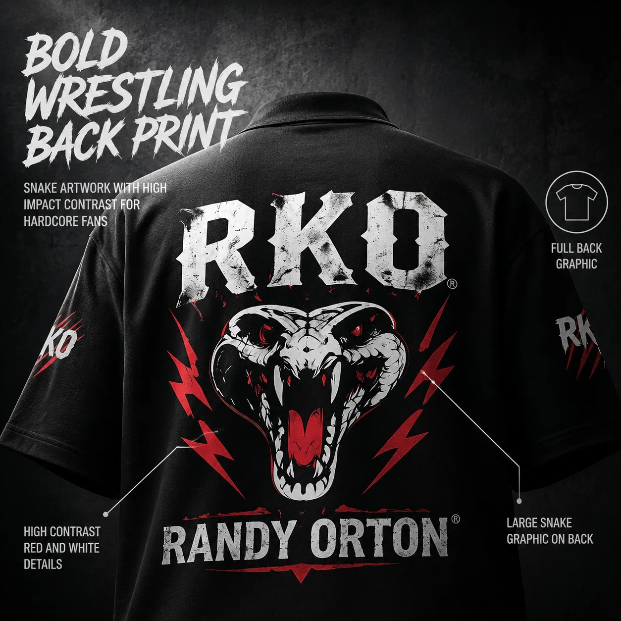 Schwarzer RKO Randy Orton Wrestling-Anzug mit Viper-Schlangenmuster, V-Ausschnitt, lockeres, kurzärmeliges Street-Wrestling-Fan-T-Shirt für Männer und Frauen – Detail 3