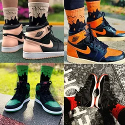 black powder green buckle broken orange flame basketball sports couple male mid-pass socks