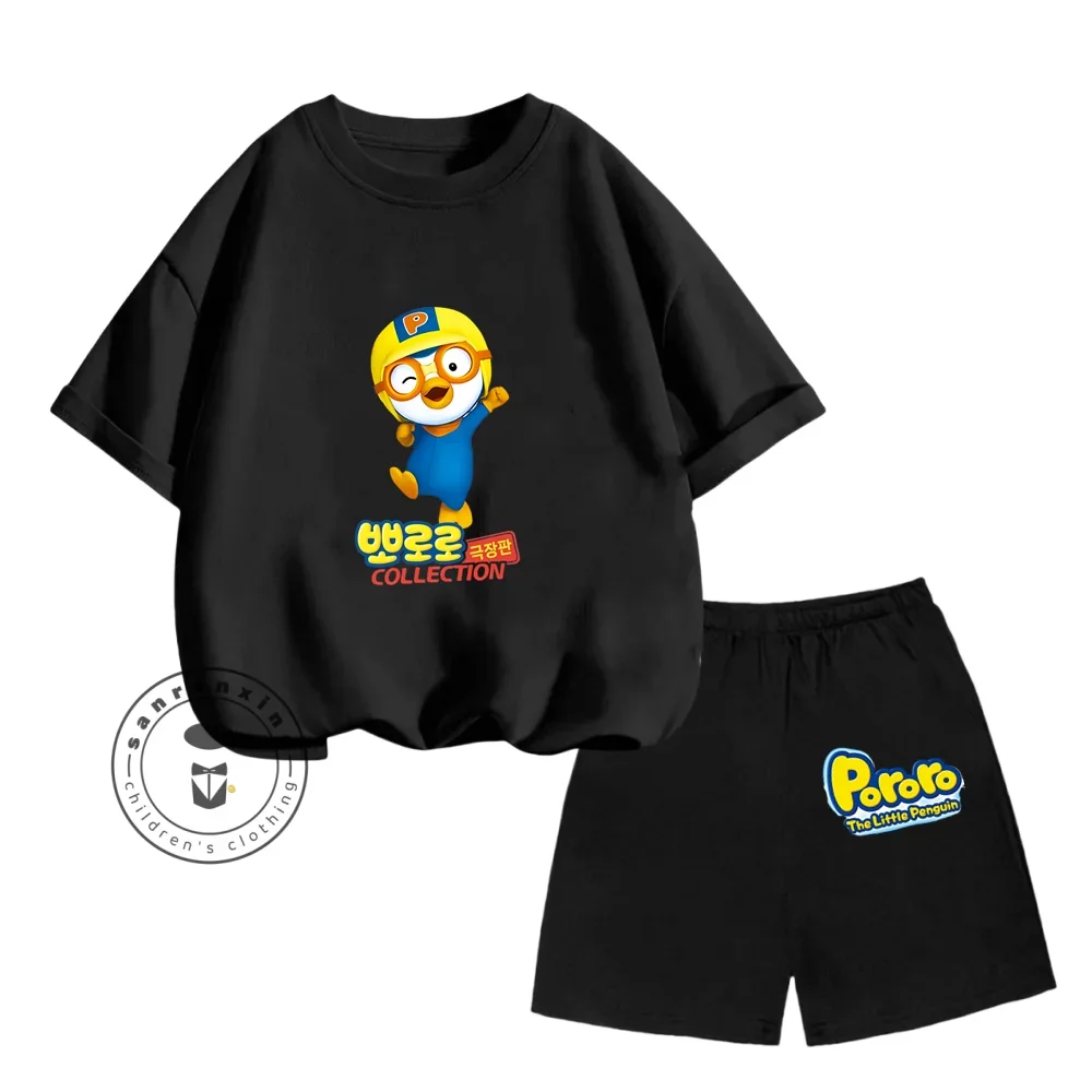 Summer New Pororo Children Cute Cartoon Print Design Loose Soft Short Sleeve +Children Elastic Shorts Personality Fashion Set