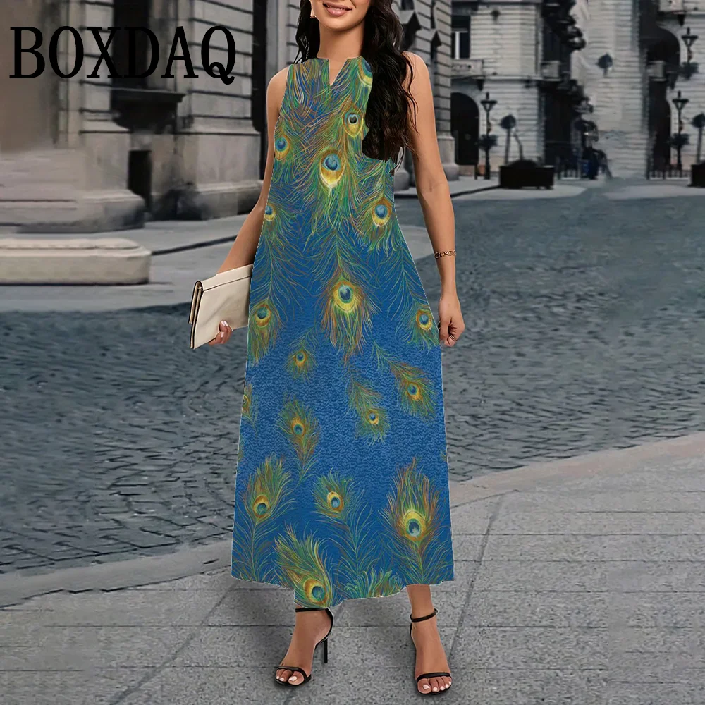 Abito lungo da donna estivo con stampa di piume senza maniche con scollo a V Abiti da spiaggia casual Elegante abito vintage allentato stampato per donna 2025