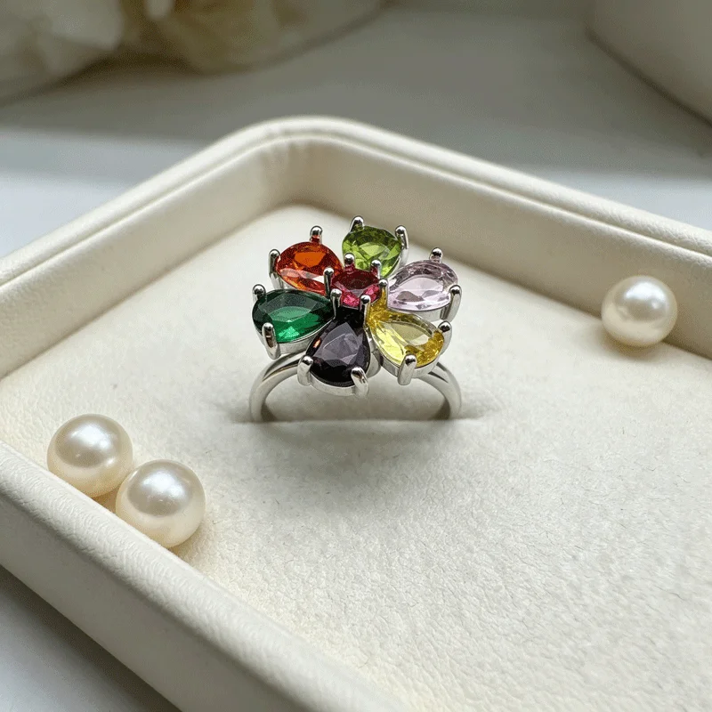 Silver Plated Multi Crystal Flower Rotating Ring Women Anti Stress Niche Design Stackable Party Jewelry Gift For Her