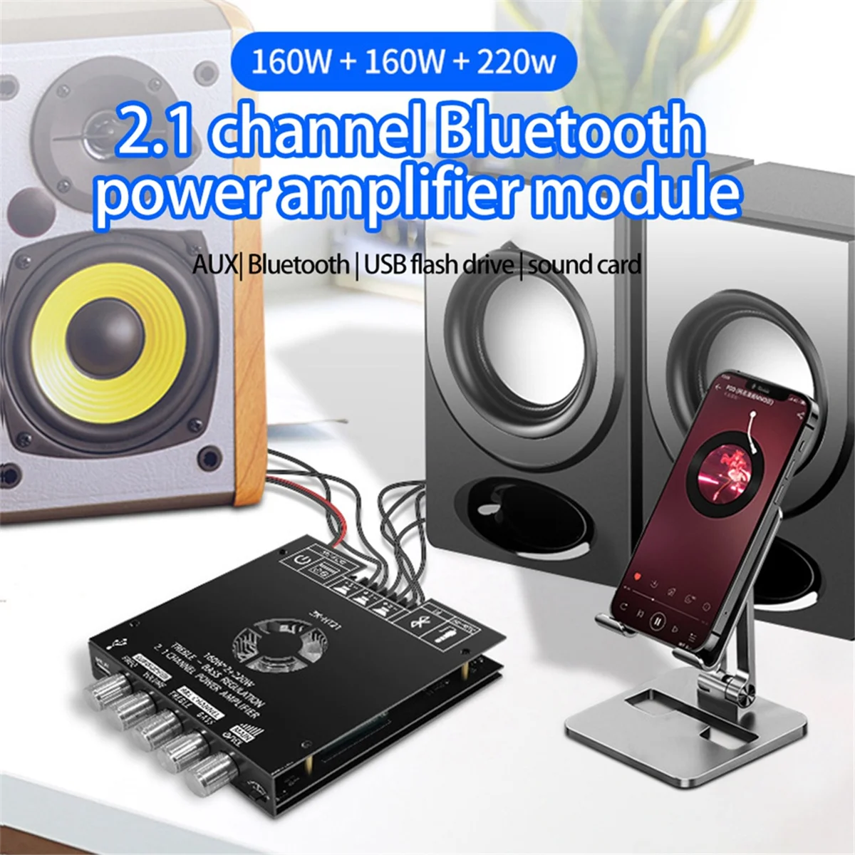 KK-B2-ZK-AS21 2.1 Channel TPA3255 Bluetooth Digital Power Amplifier Board Module High and Low Tone Subwoofer 220WX2+350W