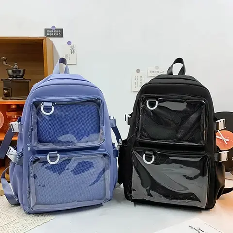 X5XA 대학생 대용량 나일론 배낭 Itabag 일본 투명 포켓 학교 가방 애니메이션 배지 핀 디스플레이