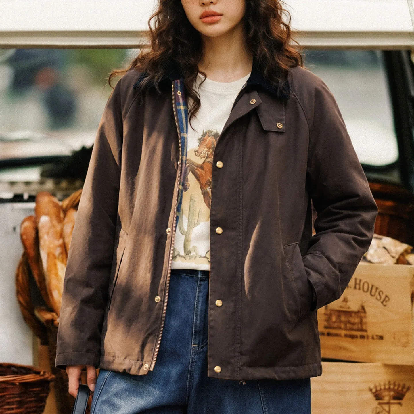 Maden Women's Brown Barn Jacket Loose Fit Work Cotton Jacket Lapel Collar Utility Coat Casual Outerwear Autumn Chic Workwear