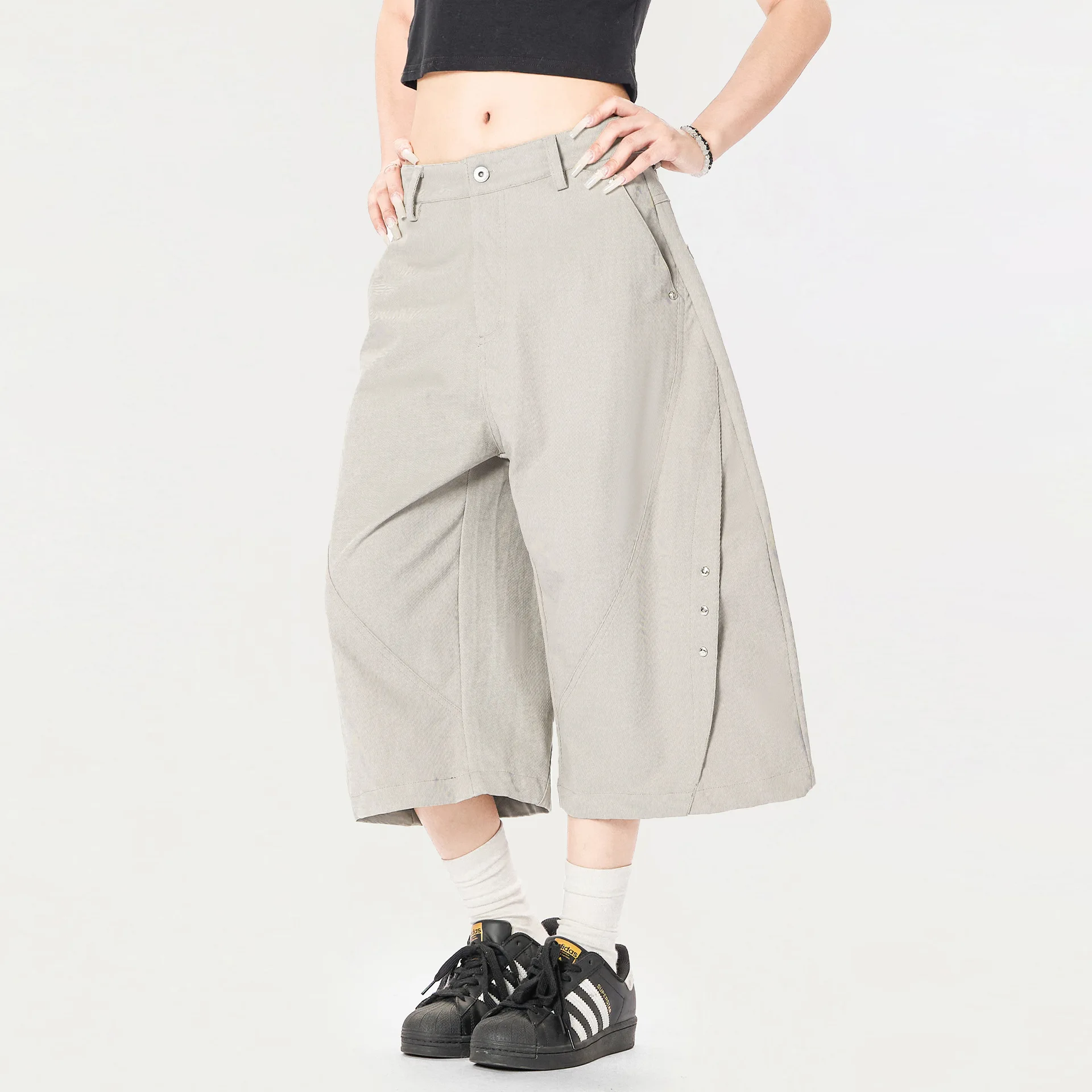 OR FL American Retro Street Women's Curved Knife Seven-inch Shorts Cleanfit Simple Baggy Slacks Wide Leg Pants Y2k Rivets Pants