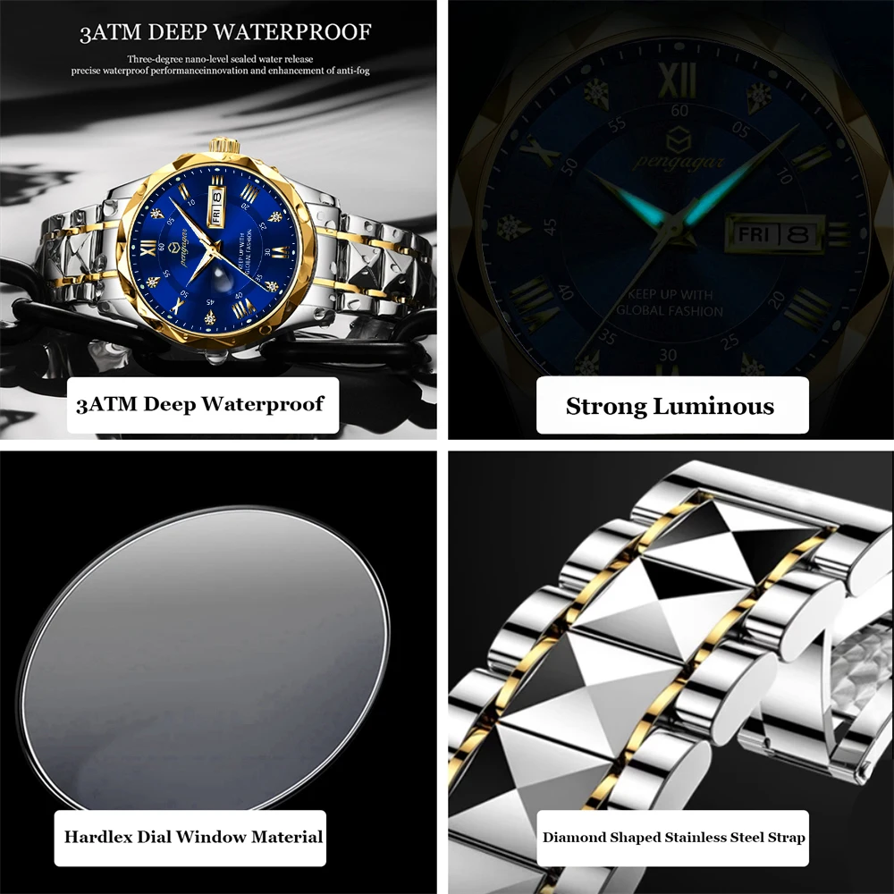 PENGAGAR Luxury Square Sport Man Wristwatch Waterproof Luminous Chronograph Quartz Men's Watches Stainless Steel Men Watch Reloj