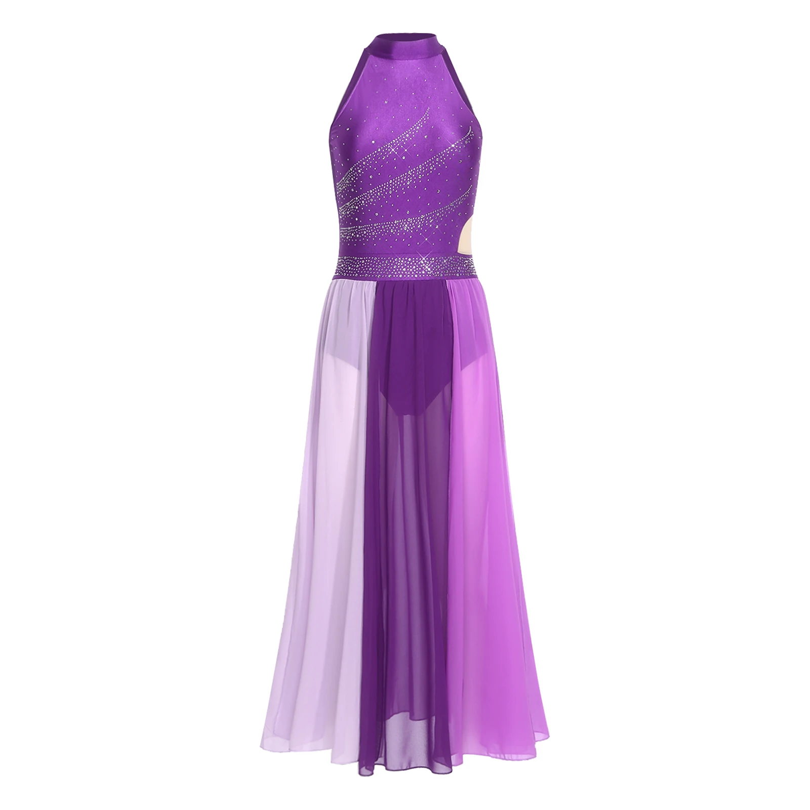 Women Modern Lyrical Dance Performance Costume Sleeveless Rhinestone Mesh Slit Hem Leotard Dress for Ballet Skating Gymnastics