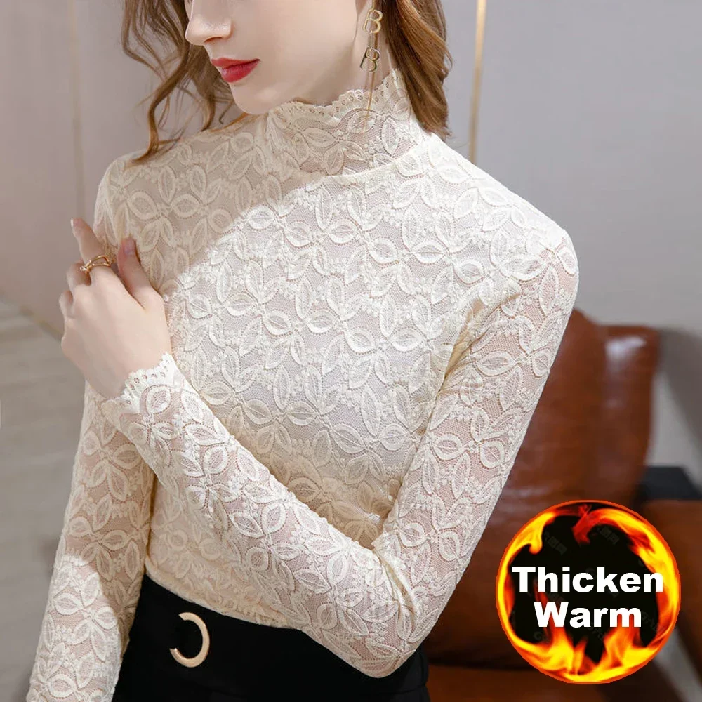 

Warm Bottomed T Shirt Women S-2XL High Neck Long Sleeve T-shirt Apricot Black Women's Flower Lace Tee Clothes Office Lady Top