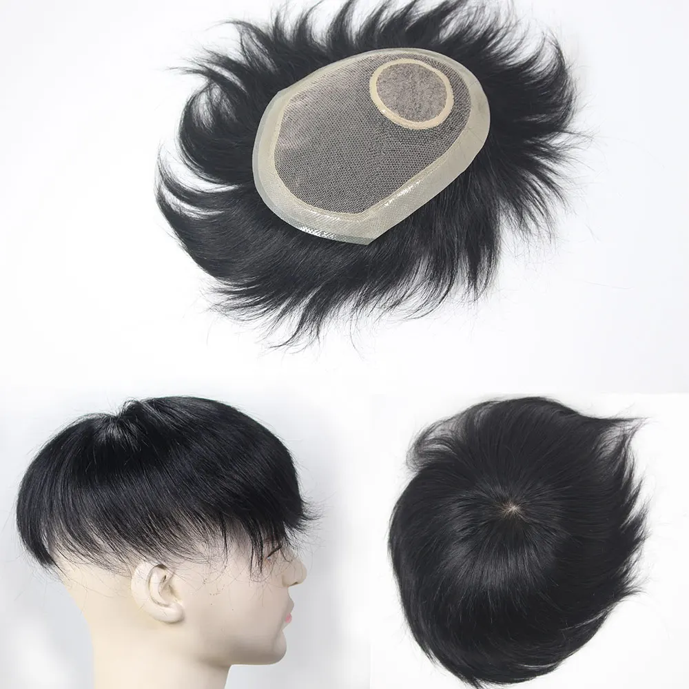 الشعر المستعار الإنسان للرجال السويسري الدانتيل الحرير قاعدة أعلى بو حول الباروكات 13x18 سنتيمتر نظام الشعر المستقيم الرجال الباروكات لآسيا 1B