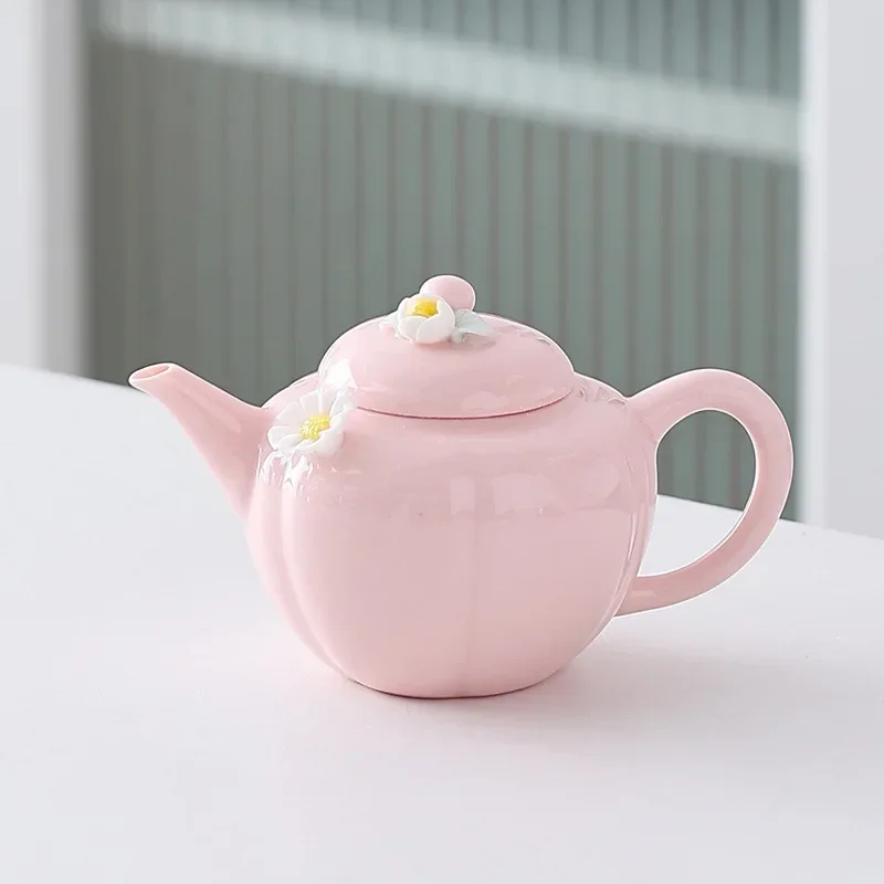 Pink Pinched Flower Tea Pot Ceramic Three Talent Cover Bowl Household