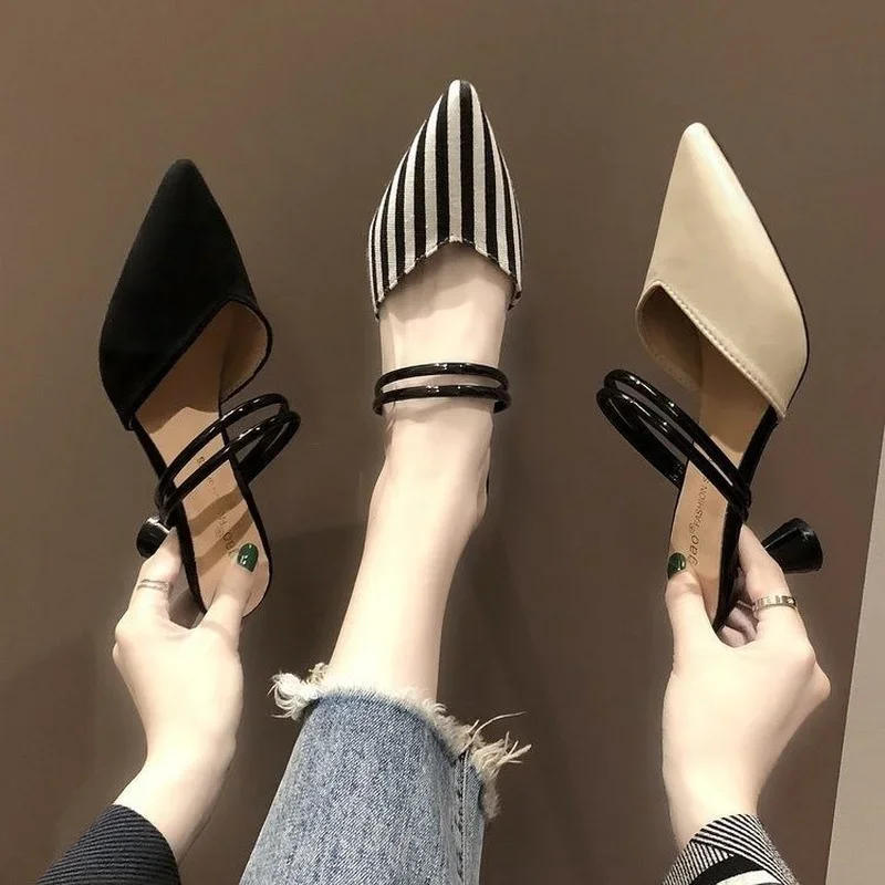 

Elegant Women Heeled Shoes Luxury Heel Shoe Striped Black Summer Women Sandals Fashion Designer Summer New 2025 High Slippers