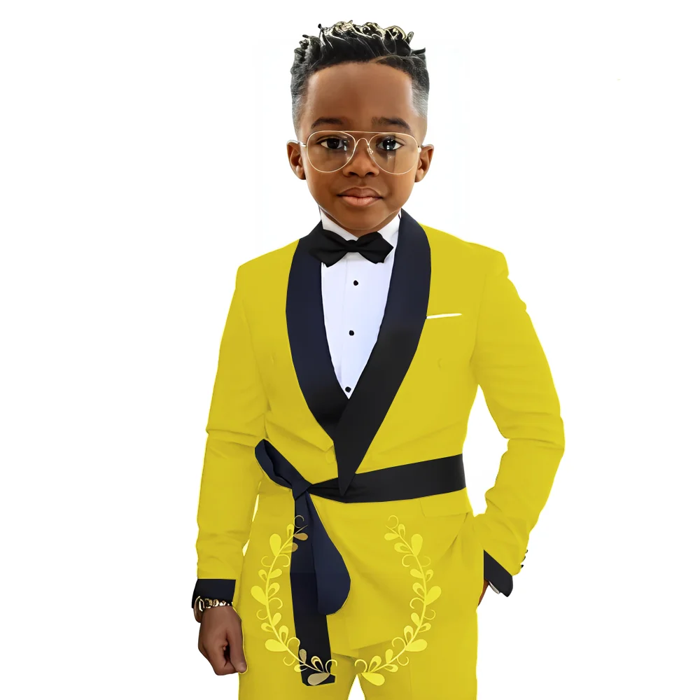 Yellow Fashion Suit for Kids Wedding Boy Tuxedo Holiday Party Dress Customized 2-16 Years old Jacket Pants 2-piece Set