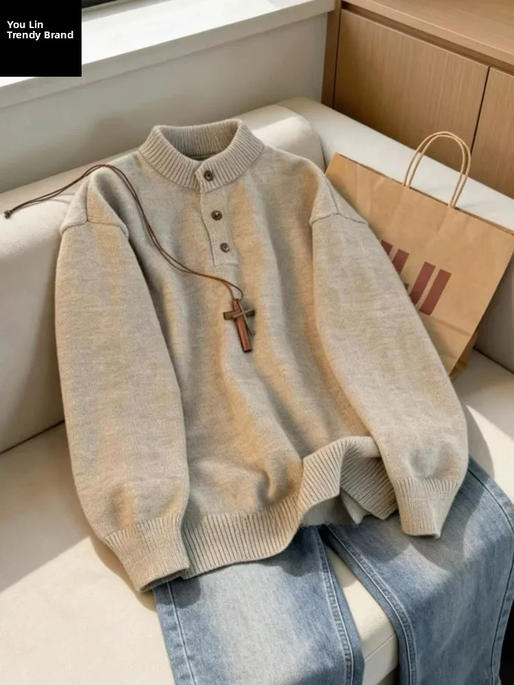 

Light ey American Henry Collar Men's Sweater Thiened Winter Inner Wear Lazy Knitted irt Casual Loose Fit Long Sve