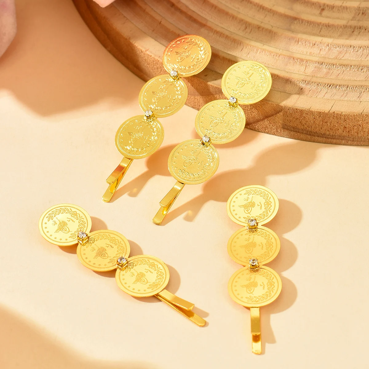 

Vintage Golden Tassel Hair Pins Carved Coin Design With Rhinestone Accents For Ethnic/Wedding/Party Styles