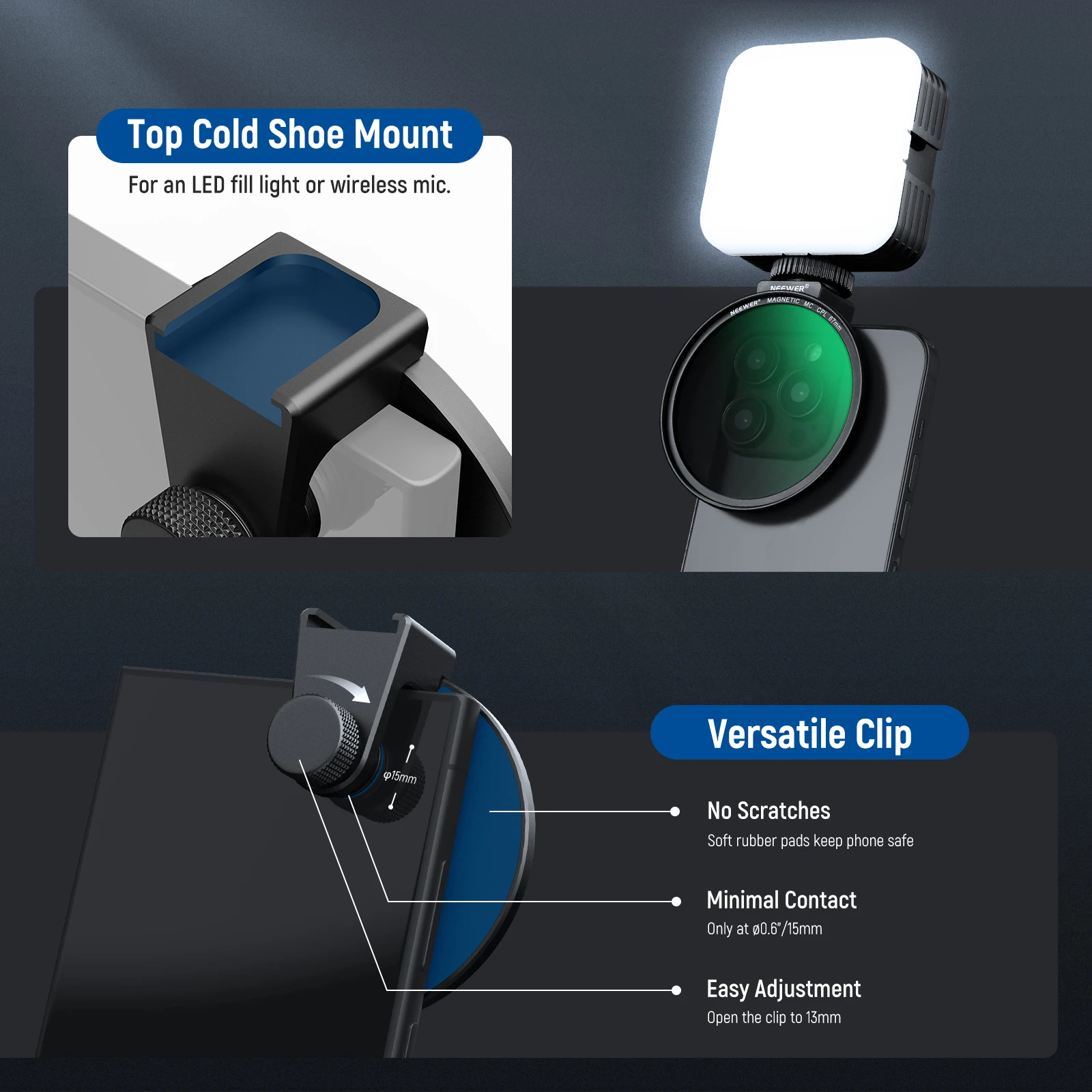 NEEWER 67 mm magnetischer CPL-Filter, kreisförmiger Polarisationsfilter mit Kaltschuh-Telefonobjektiv-Clip für iPhone, Samsung, Android-Handys – Detail 6