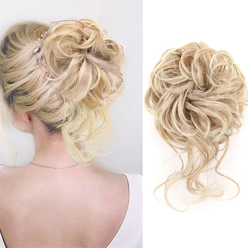 Synthetic Messy Hair Bun Chignon Hair Extensions Short Curly Band Elastic Scrunchy Natural Blonde Bun Hair Piece for Women