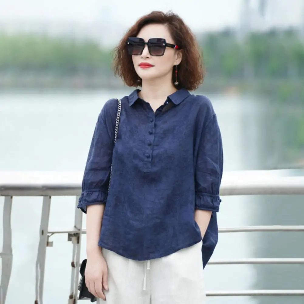 Loose Fit Thin Shirt Tops Stylish Women's Button-up Shirts Jacquard Print Lapel Tops Quarter Sleeve Polyester for Commuter