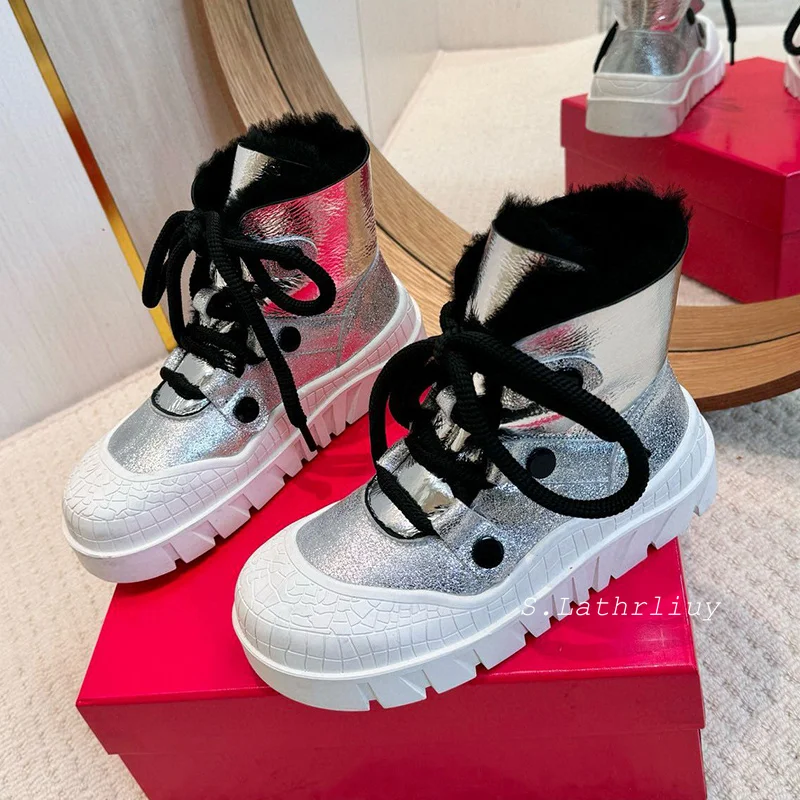 Winter Flat Thick Sole Crystal Fur Snow Boots Women Real Leather Lace Up Non-slip Short Boots Real Wool Lining Warm Ankle Botas