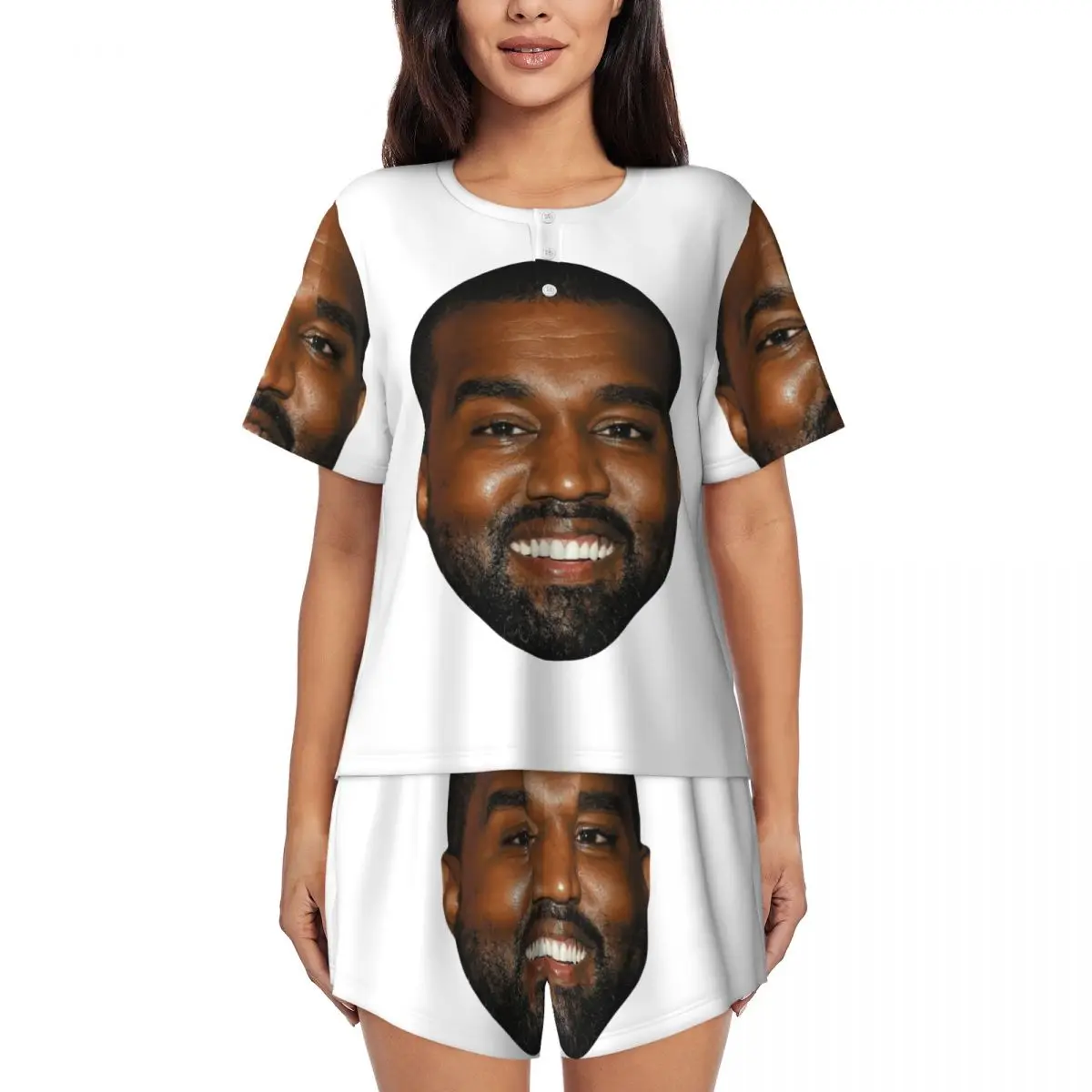 Custom Print Women's Funny Kanye West Meme Pajamas Set Short Sleeve Rapper Music Producer 2 Piece Sleepwear Pjs Lounge Sets