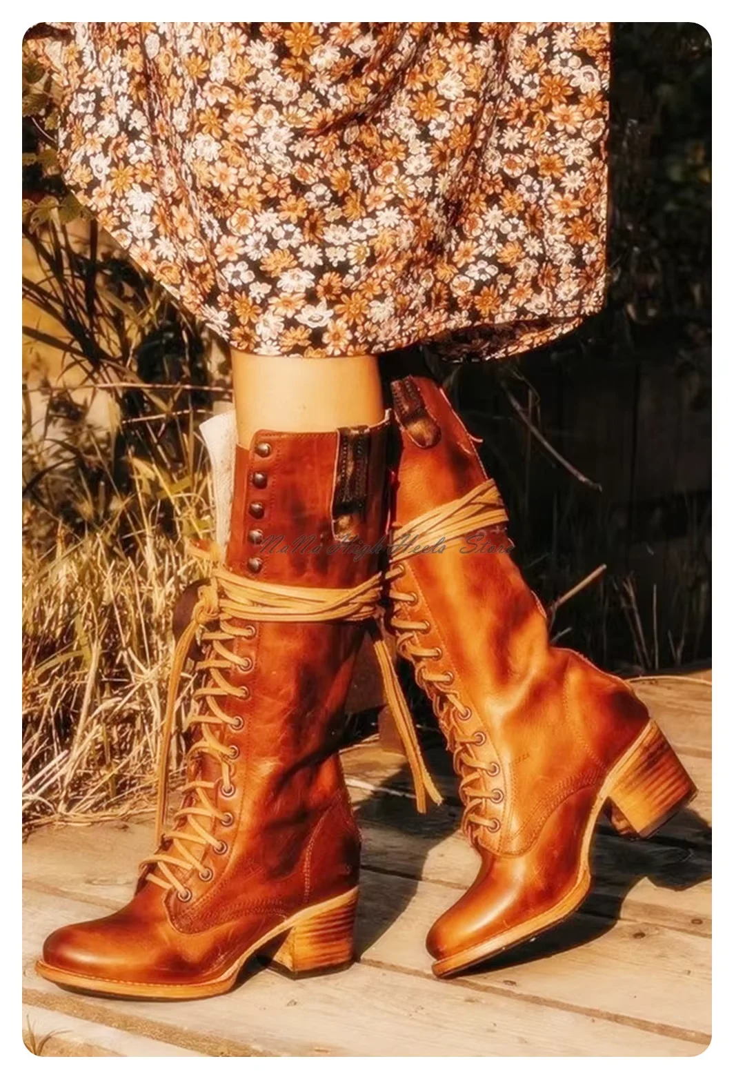 Retro Style Leather Chunky Heel Cross Strap Boots Lady Luxury Round Toe Knee High Strappy Boots Women Shoes 2026 Brown Vintage