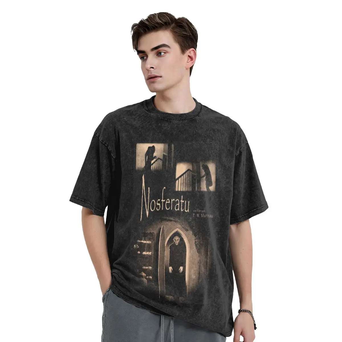 

Nosferatu Movie Logo Washed T Shirts Vintage Short Sleeve Hip Hop T-Shirt Streetwear Tops Tees for Men Women
