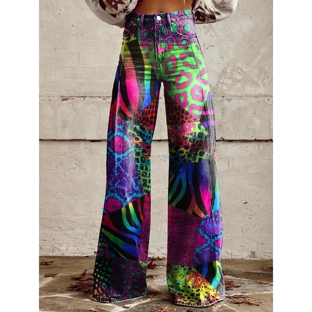 Damenhose mit Folk-Art-Print, hoher Taille und weitem Bein, Boho-Freizeithose, farbenfrohe, bequeme, locker sitzende Hose für den Alltag – Detail 7