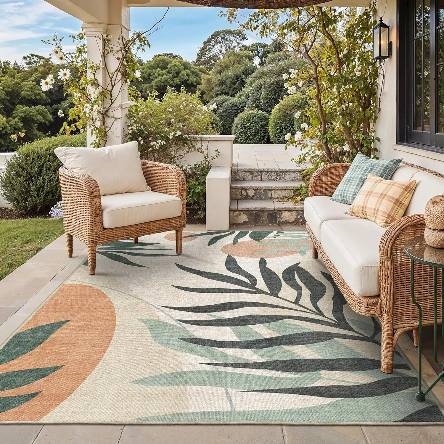 

Outdoor Indoor Area Rug 5 x8 Waterproof Non Shedding Easy Cleaning Leaf Mat for Patio Living Room Balcony Dining Room RV Deck