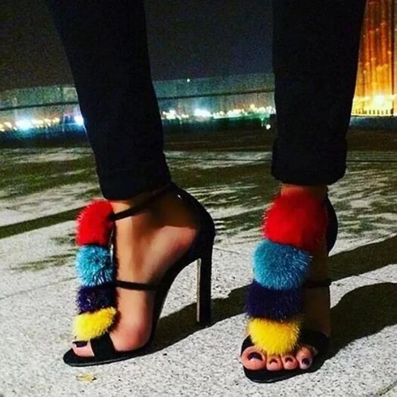 

Hot Selling Colorful Pom Pom Decor Women Sandals Cut-out Peep Toe Cut-out Strap Gladiator Sandals Shoes Sexy Party Dress Shoes