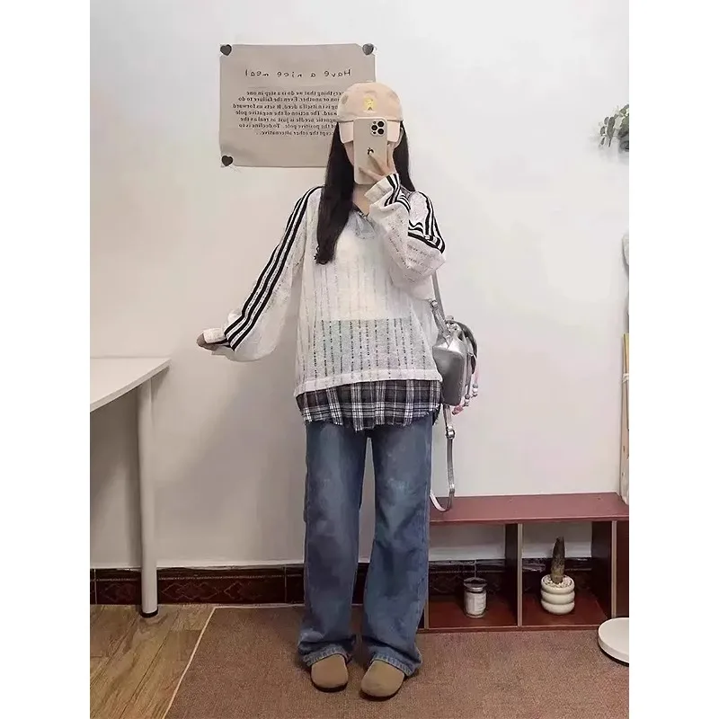 

Plaid Splicing Fake Two-piece POLO Neck Long-sleeved Knitted Sweater Women's and Men's Hollow Blouse