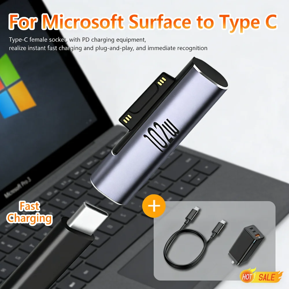 For Microsoft Surface Magnetic Charging Converter 102W PD Adapter 6.8A Fast Charging USB C PD Adapter For Microsoft Surface Pro