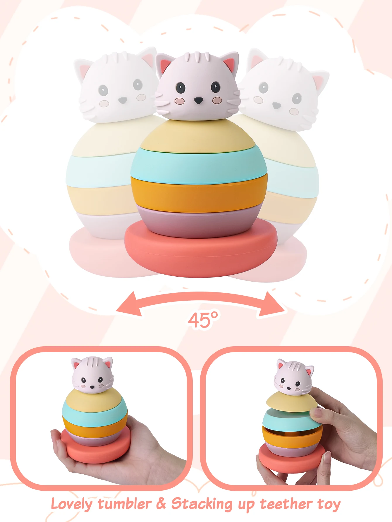ชุดของเล่นบล็อกตัวต่อแมวน่ารักสำหรับเด็ก kado ulang tahun ของเล่นบล็อกตัวต่อแบบนิ่มทำจากซิลิโคนจำนวน1ชุด