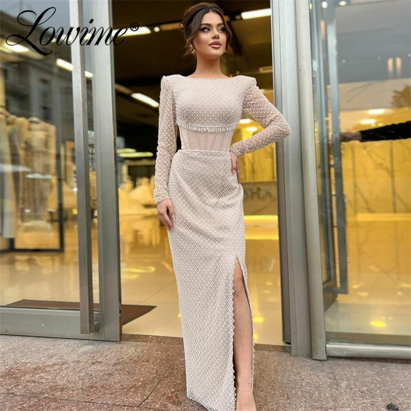 Champagne Arabic Evening Dress Heavy Beaded Long Sleeves Women Birthday Party Dresses Custom Made Aso Ebi Engagement Gowns Robe