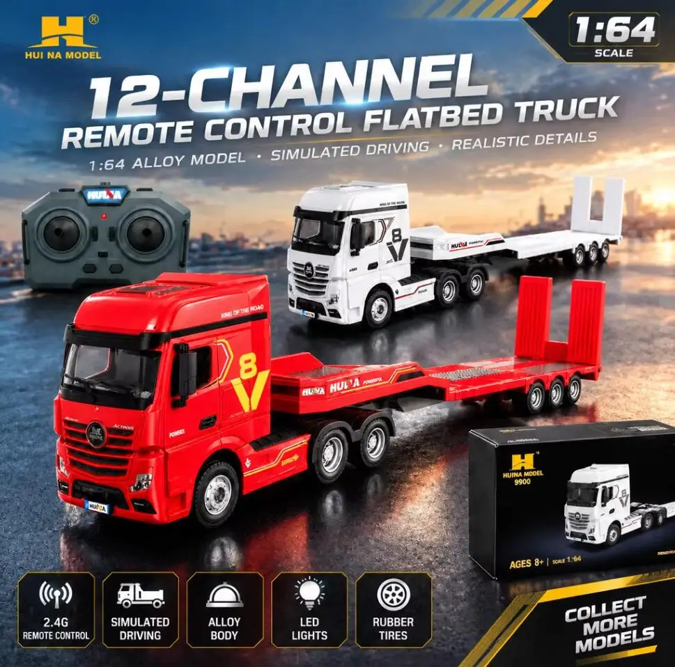 Huina Scale Full‑Scale RC Tractor Truck Flatbed Trailer Electric Remote‑Control Simulated Mini Desktop Hobby Model Toy Gift