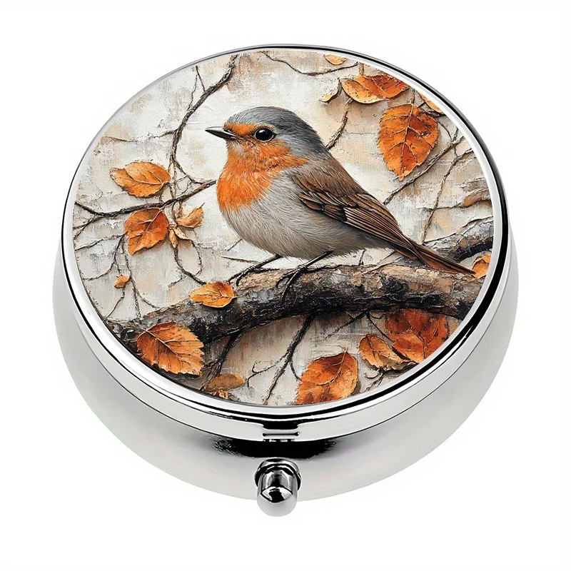 1-piece pill box with 3 compartments, autumn cardinal bird themed mini pill box, medication storage box, decorative vitamin storage box, suitable for purse or wallet