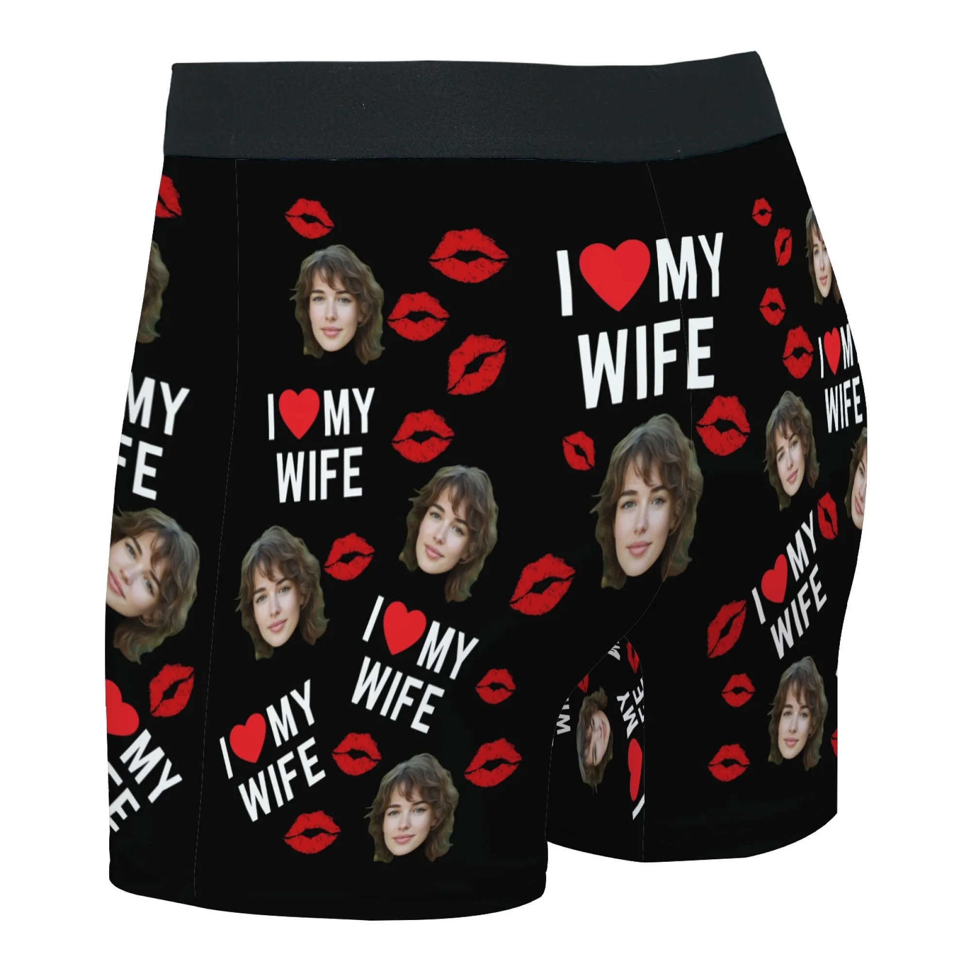 Romantyczny, słodki prezent na Walentynki dla męża - personalizowane bokserki z nadrukiem twarzy, czarne, z napisem \\\\\\\"Kocham MOJĄ ŻÓŁWĘ\\\\\\\" i czerwonym nadrukiem ust - wyjątkowy prezent.