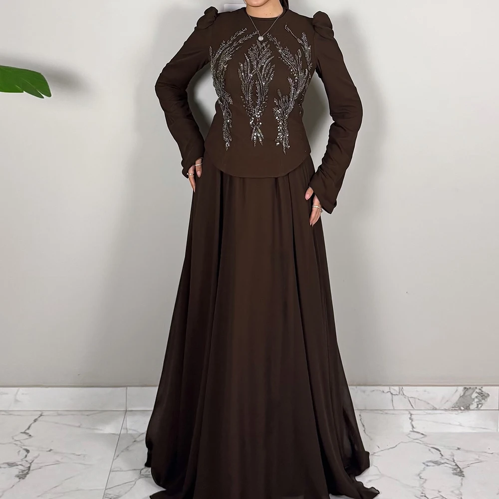 

Customized A-line Evening Dresses Floor-length O-neck Full Sleeve Prom Gown Fashion Sequined Simple Draped Casual Party Gown