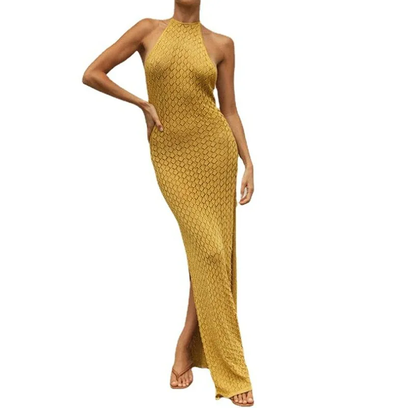 2025 Europäischen und Amerikanischen Split Gestrickte Hohl Neck Sling Sexy Backless Strand Rock Langen Rock Frauen Cw56695