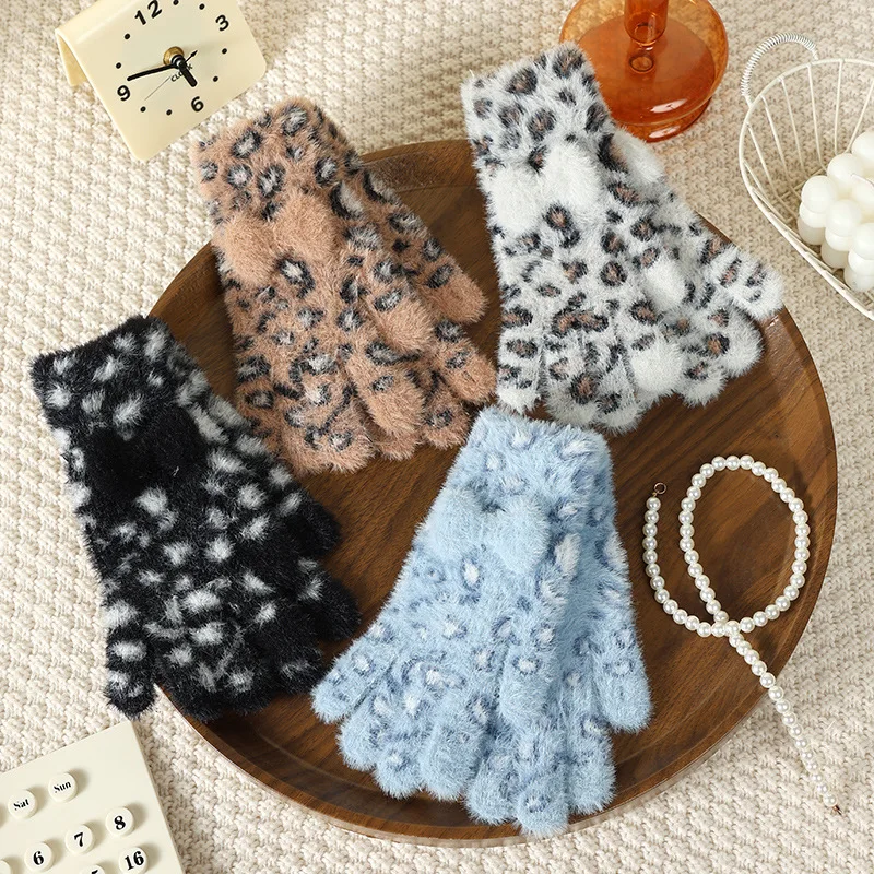 

Осенние и зимние теплые перчатки, женские милые модные перчатки с леопардовым узором и бантом, морозостойкие теплые вязаные перчатки с пятью пальцами