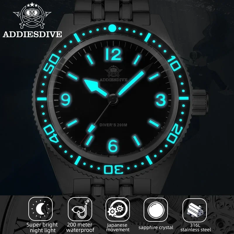 ADDIESDIVE-reloj de cuarzo de acero inoxidable para hombre, pulsera deportiva resistente al agua, de zafiro, luminoso, AD2033